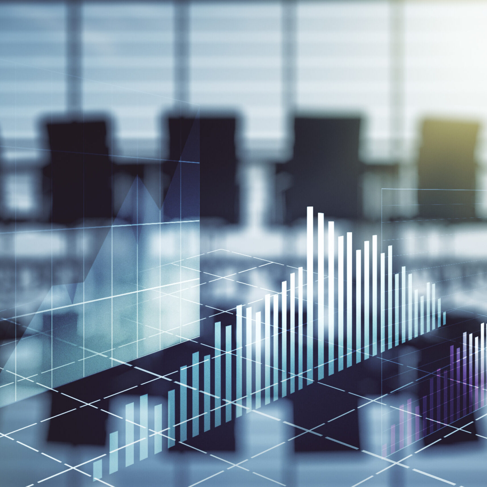 Double exposure of virtual creative financial diagram on a modern boardroom background, banking and accounting concept